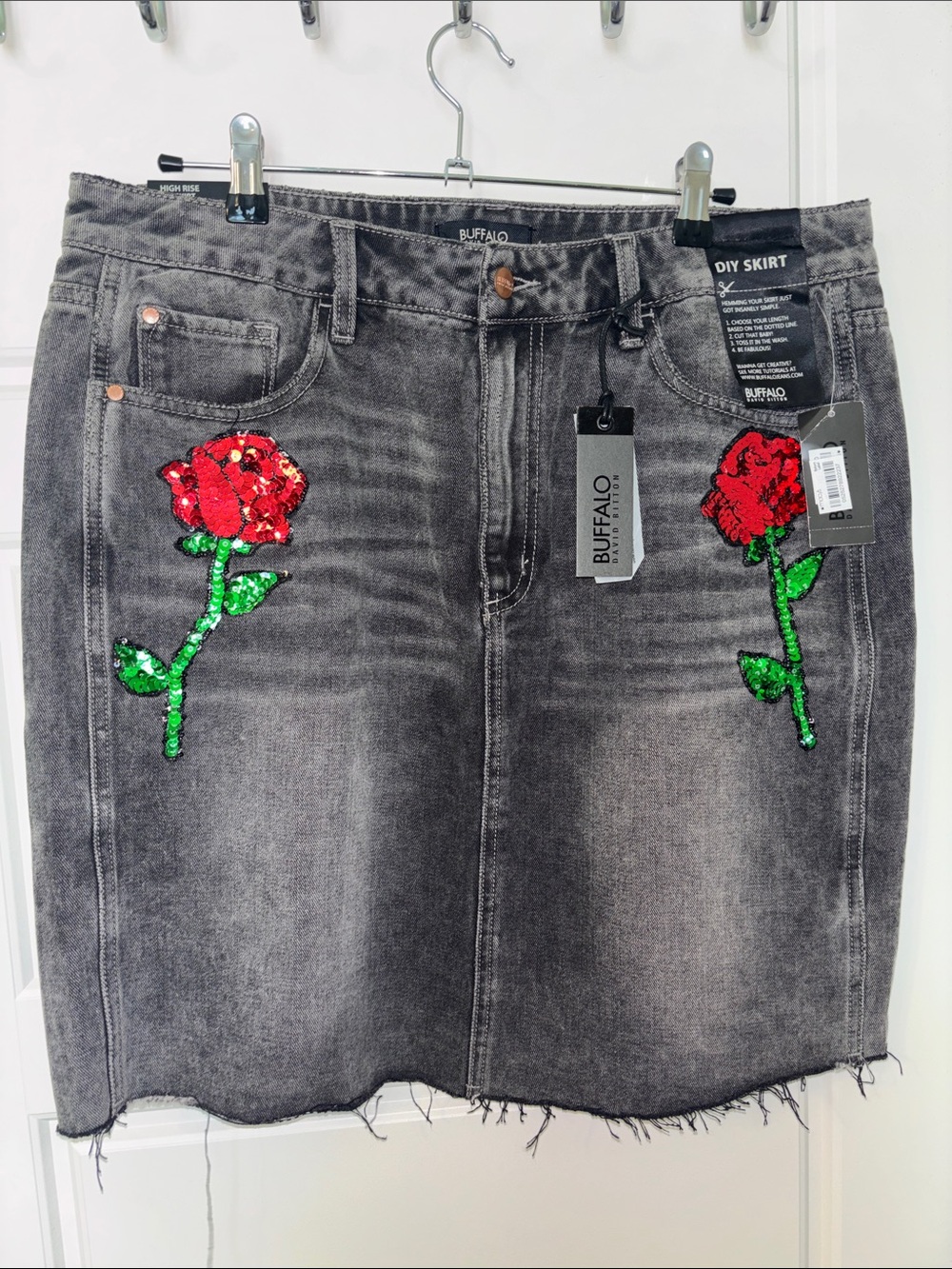 Buffalo David Bitton Black Denim Skirt with Red and Green Rose Embroidery